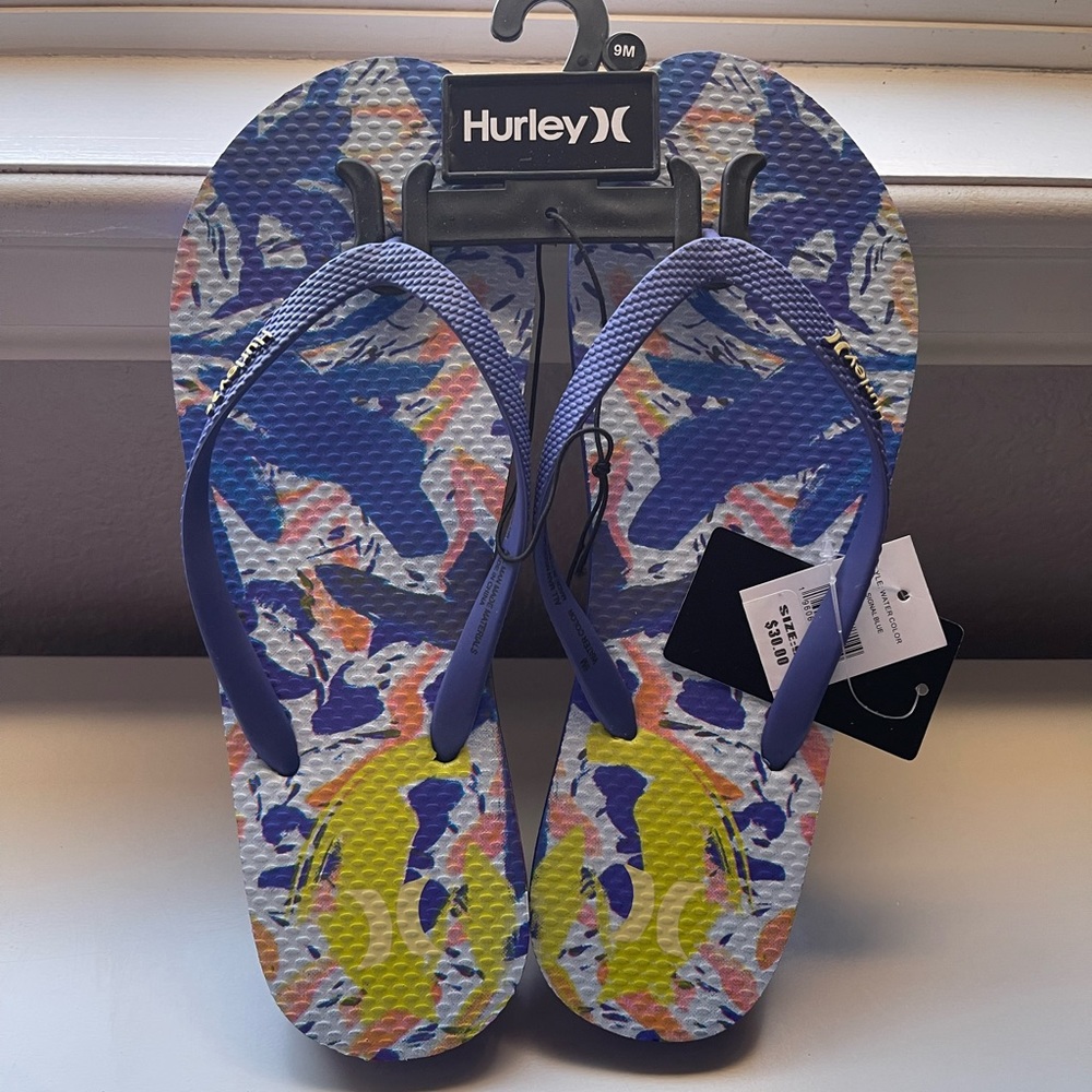 NEW Hurley Flip Flops Fun Beach Blue Print Size 9 NWT
